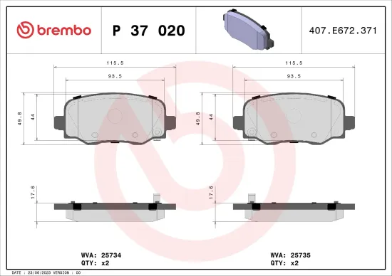 Bremsbelagsatz, Scheibenbremse Hinterachse BREMBO P 37 020 Bild Bremsbelagsatz, Scheibenbremse Hinterachse BREMBO P 37 020