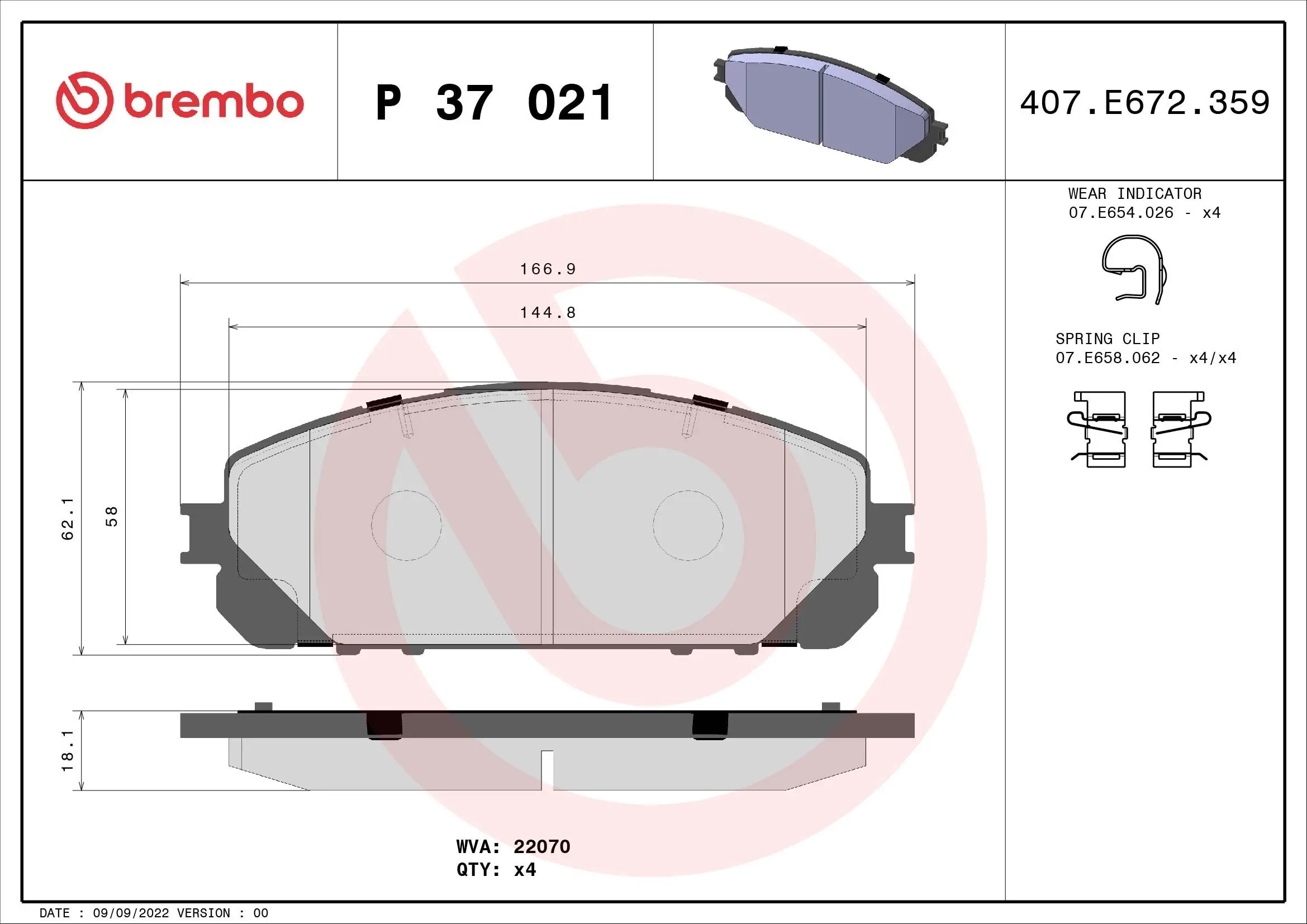 Bremsbelagsatz, Scheibenbremse Vorderachse BREMBO P 37 021