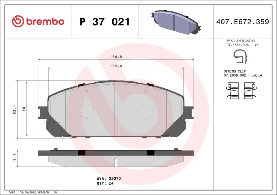 Bremsbelagsatz, Scheibenbremse Vorderachse BREMBO P 37 021 Bild Bremsbelagsatz, Scheibenbremse Vorderachse BREMBO P 37 021