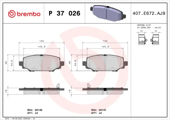 Bremsbelagsatz, Scheibenbremse Hinterachse BREMBO P 37 026 Bild Bremsbelagsatz, Scheibenbremse Hinterachse BREMBO P 37 026