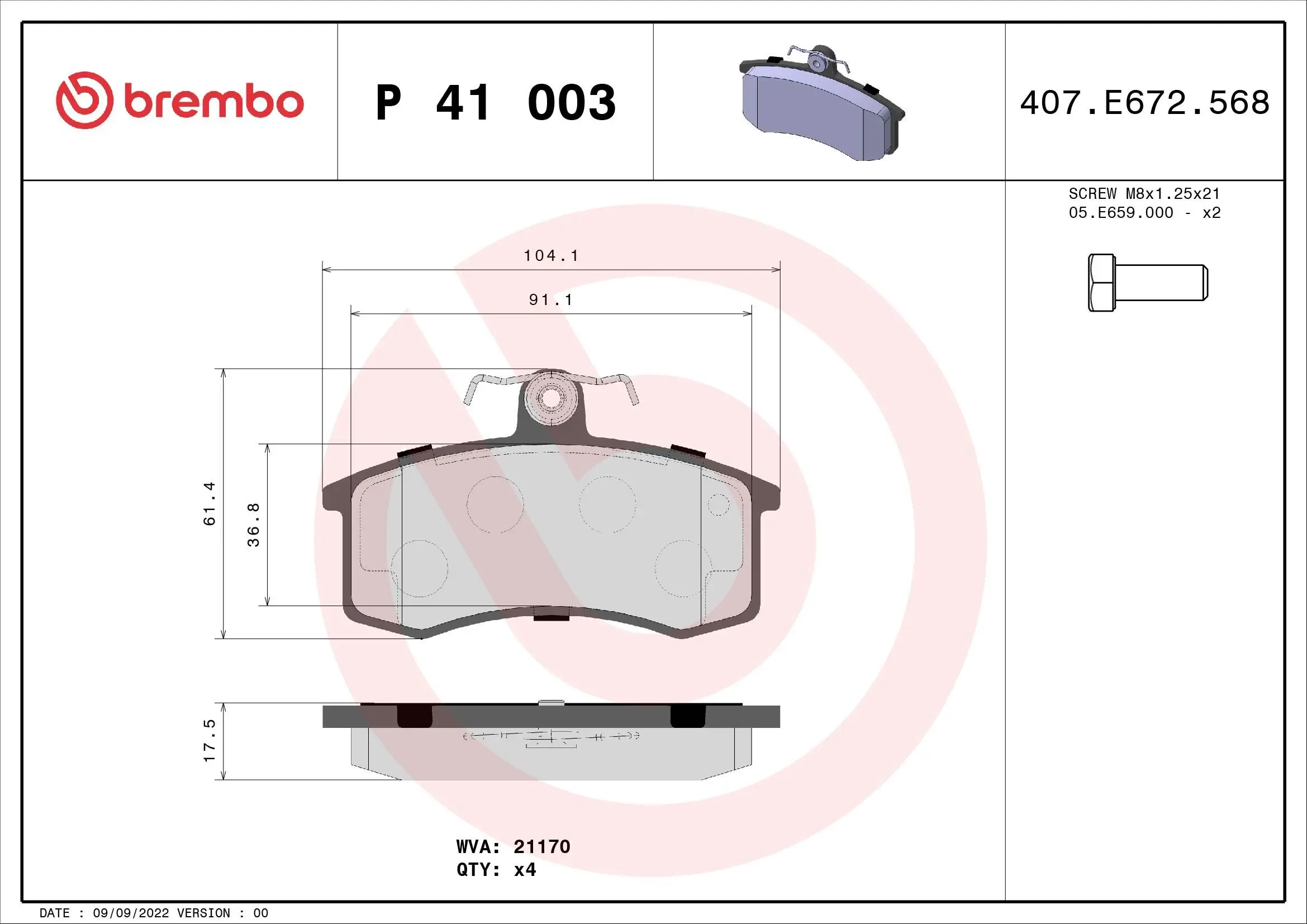 Bremsbelagsatz, Scheibenbremse BREMBO P 41 003X