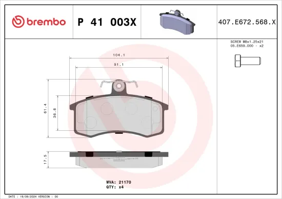 Bremsbelagsatz, Scheibenbremse Vorderachse BREMBO P 41 003X Bild Bremsbelagsatz, Scheibenbremse Vorderachse BREMBO P 41 003X