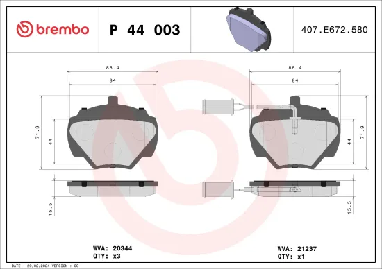 Bremsbelagsatz, Scheibenbremse Hinterachse BREMBO P 44 003 Bild Bremsbelagsatz, Scheibenbremse Hinterachse BREMBO P 44 003