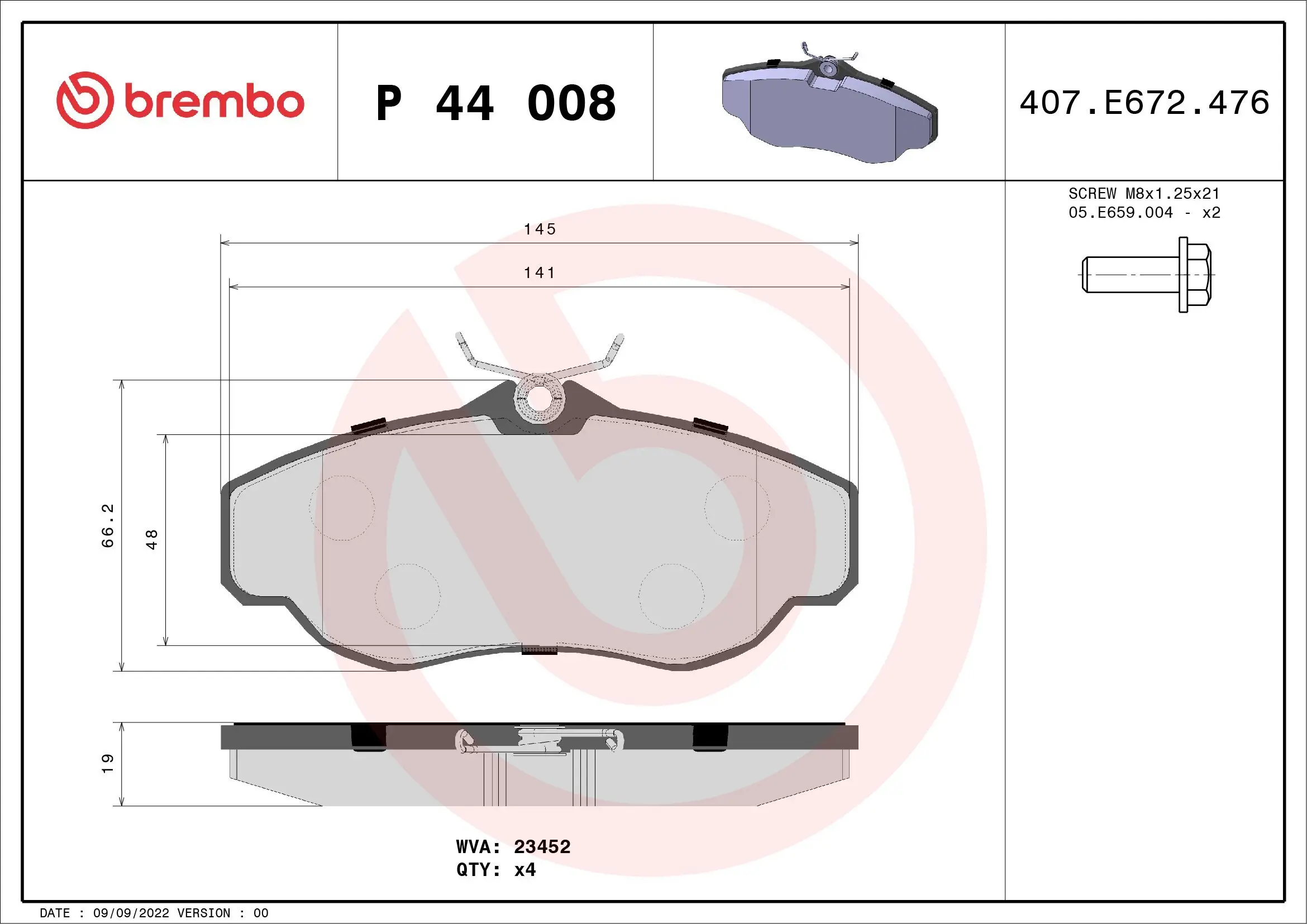 Bremsbelagsatz, Scheibenbremse Vorderachse BREMBO P 44 008