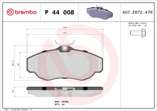 Bremsbelagsatz, Scheibenbremse Vorderachse BREMBO P 44 008 Bild Bremsbelagsatz, Scheibenbremse Vorderachse BREMBO P 44 008