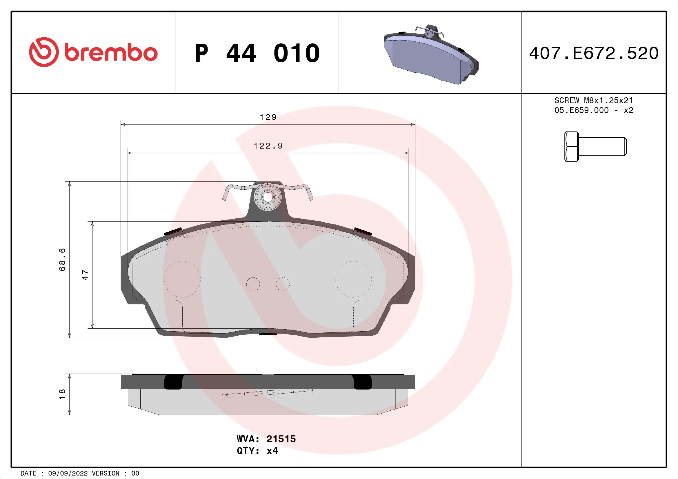 Bremsbelagsatz, Scheibenbremse Vorderachse BREMBO P 44 010