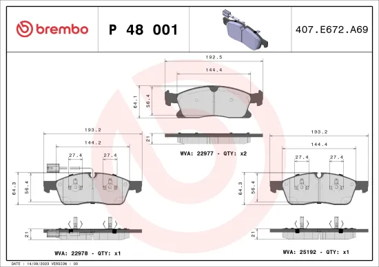 Bremsbelagsatz, Scheibenbremse Vorderachse BREMBO P 48 001 Bild Bremsbelagsatz, Scheibenbremse Vorderachse BREMBO P 48 001
