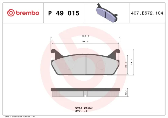 Bremsbelagsatz, Scheibenbremse Hinterachse BREMBO P 49 015 Bild Bremsbelagsatz, Scheibenbremse Hinterachse BREMBO P 49 015