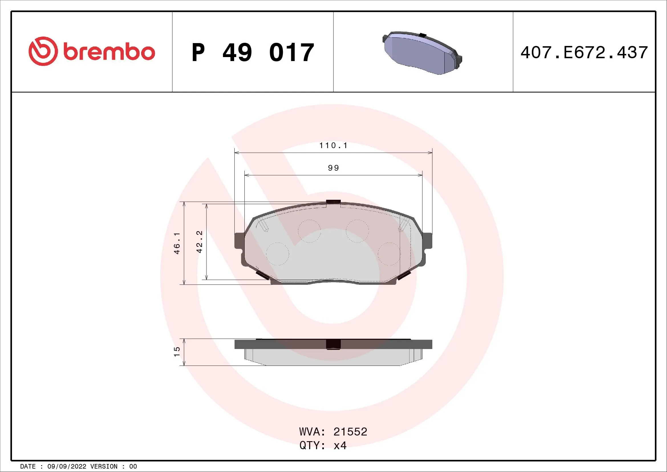 Bremsbelagsatz, Scheibenbremse Vorderachse BREMBO P 49 017