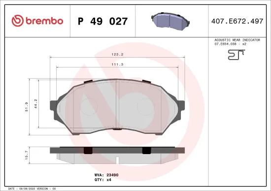 Bremsbelagsatz, Scheibenbremse Vorderachse BREMBO P 49 027 Bild Bremsbelagsatz, Scheibenbremse Vorderachse BREMBO P 49 027