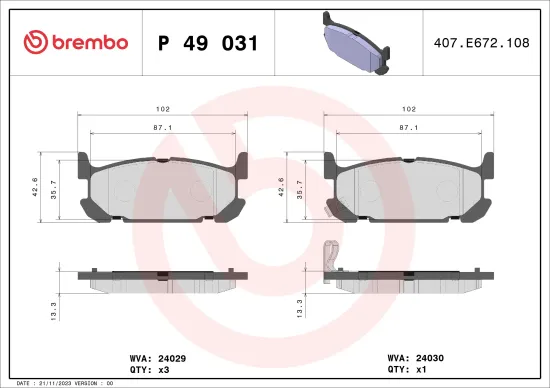 Bremsbelagsatz, Scheibenbremse Hinterachse BREMBO P 49 031 Bild Bremsbelagsatz, Scheibenbremse Hinterachse BREMBO P 49 031