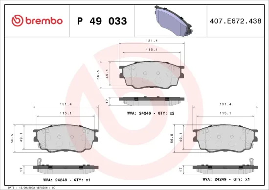 Bremsbelagsatz, Scheibenbremse Vorderachse BREMBO P 49 033 Bild Bremsbelagsatz, Scheibenbremse Vorderachse BREMBO P 49 033