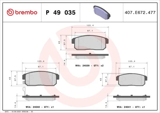 Bremsbelagsatz, Scheibenbremse Hinterachse BREMBO P 49 035 Bild Bremsbelagsatz, Scheibenbremse Hinterachse BREMBO P 49 035