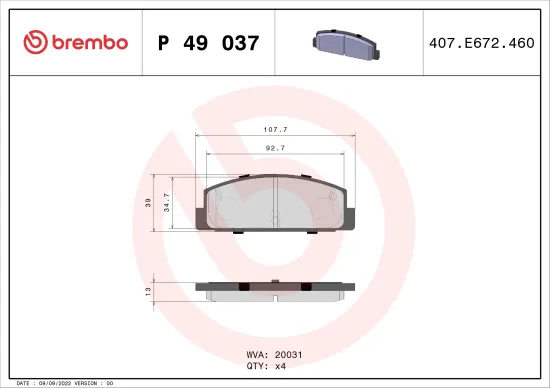 Bremsbelagsatz, Scheibenbremse Hinterachse BREMBO P 49 037 Bild Bremsbelagsatz, Scheibenbremse Hinterachse BREMBO P 49 037