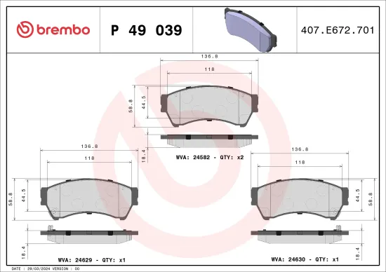 Bremsbelagsatz, Scheibenbremse Vorderachse BREMBO P 49 039 Bild Bremsbelagsatz, Scheibenbremse Vorderachse BREMBO P 49 039