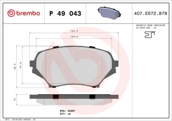 Bremsbelagsatz, Scheibenbremse Vorderachse BREMBO P 49 043 Bild Bremsbelagsatz, Scheibenbremse Vorderachse BREMBO P 49 043