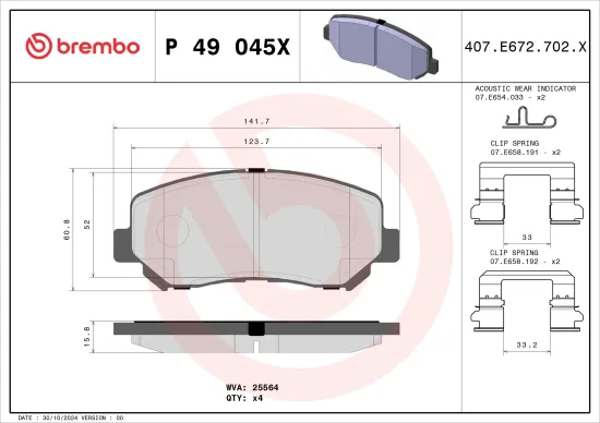 Bremsbelagsatz, Scheibenbremse Vorderachse BREMBO P 49 045X Bild Bremsbelagsatz, Scheibenbremse Vorderachse BREMBO P 49 045X