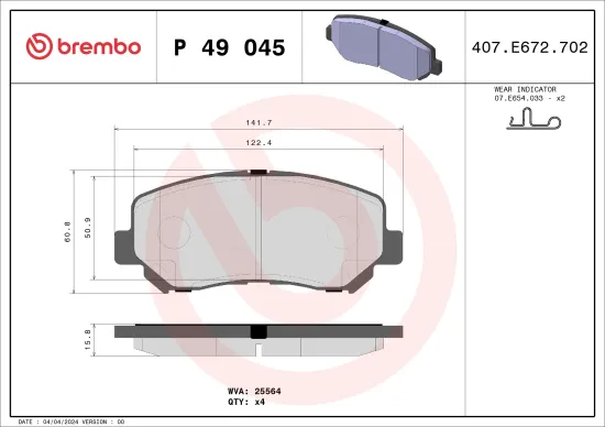 Bremsbelagsatz, Scheibenbremse Vorderachse BREMBO P 49 045 Bild Bremsbelagsatz, Scheibenbremse Vorderachse BREMBO P 49 045