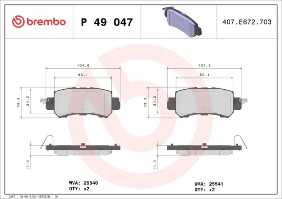 Bremsbelagsatz, Scheibenbremse Hinterachse BREMBO P 49 047 Bild Bremsbelagsatz, Scheibenbremse Hinterachse BREMBO P 49 047