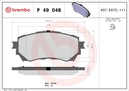 Bremsbelagsatz, Scheibenbremse Vorderachse BREMBO P 49 048 Bild Bremsbelagsatz, Scheibenbremse Vorderachse BREMBO P 49 048
