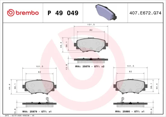 Bremsbelagsatz, Scheibenbremse Hinterachse BREMBO P 49 049 Bild Bremsbelagsatz, Scheibenbremse Hinterachse BREMBO P 49 049