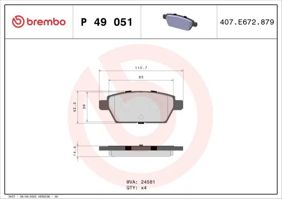 Bremsbelagsatz, Scheibenbremse Hinterachse BREMBO P 49 051 Bild Bremsbelagsatz, Scheibenbremse Hinterachse BREMBO P 49 051