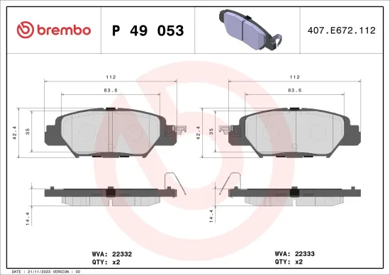 Bremsbelagsatz, Scheibenbremse Hinterachse BREMBO P 49 053 Bild Bremsbelagsatz, Scheibenbremse Hinterachse BREMBO P 49 053