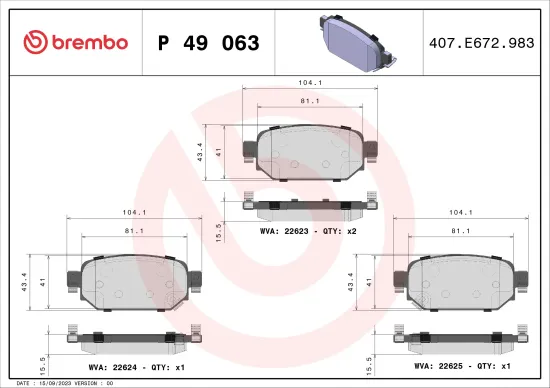 Bremsbelagsatz, Scheibenbremse Hinterachse BREMBO P 49 063 Bild Bremsbelagsatz, Scheibenbremse Hinterachse BREMBO P 49 063