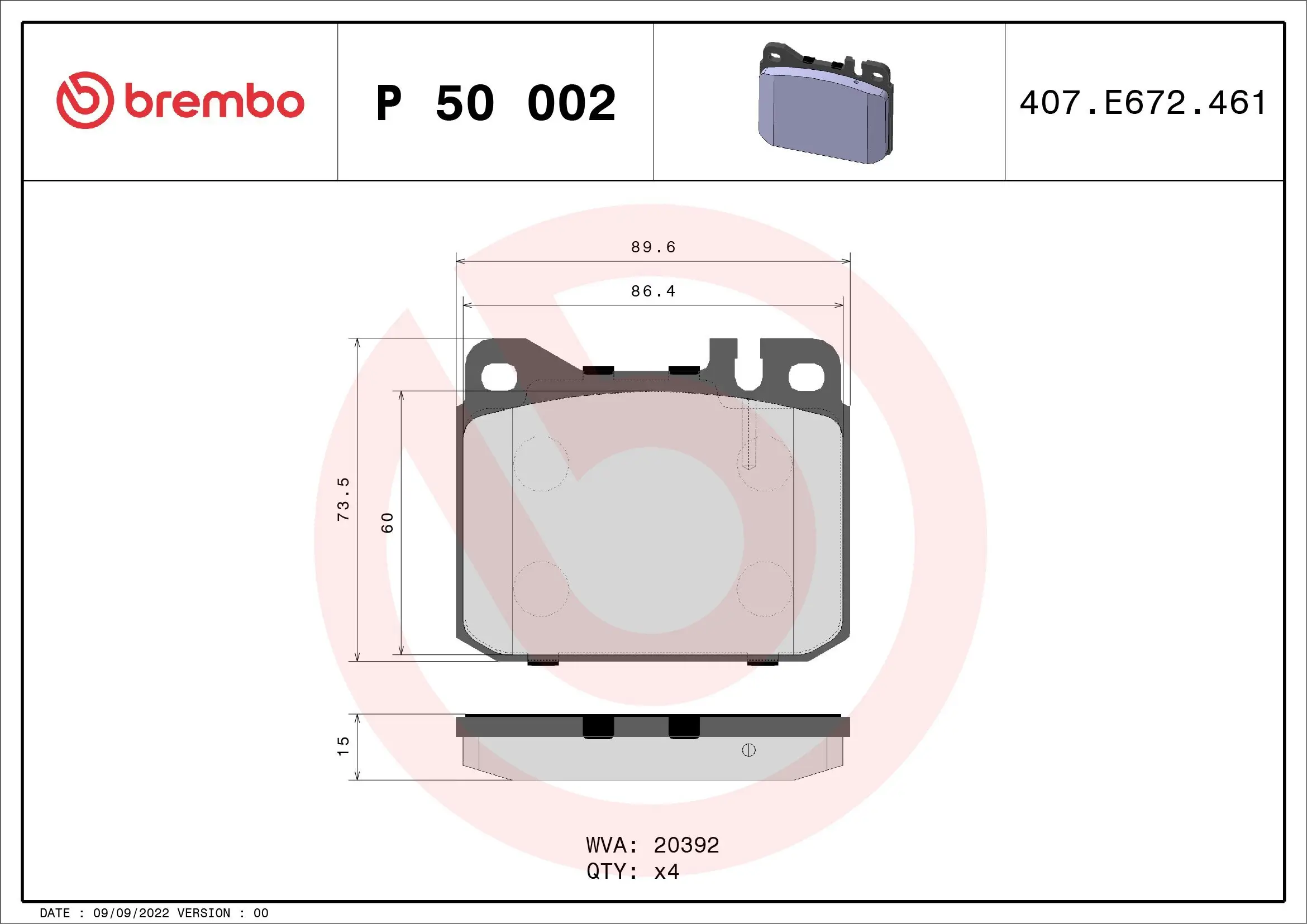 Bremsbelagsatz, Scheibenbremse BREMBO P 50 002