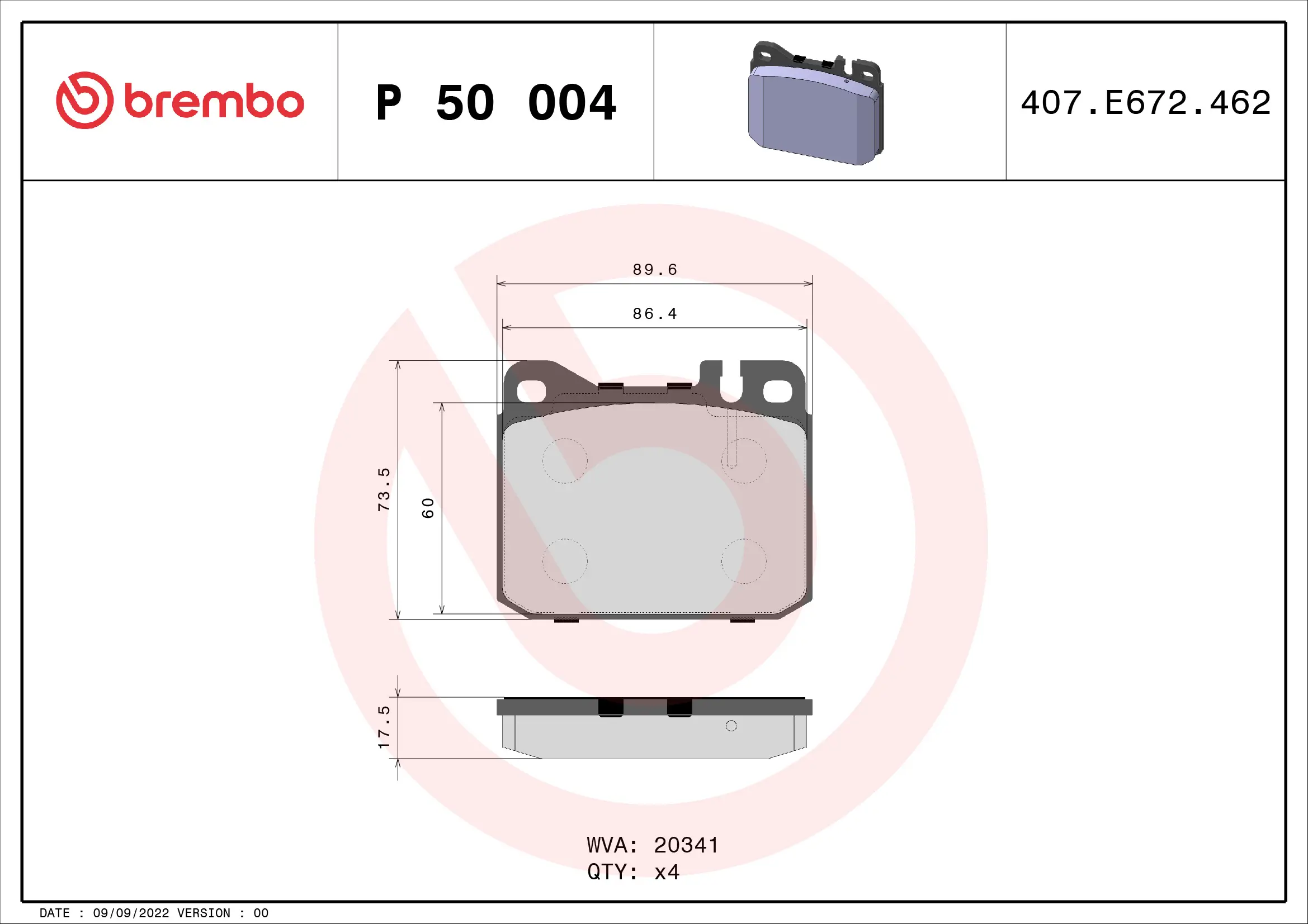 Bremsbelagsatz, Scheibenbremse Vorderachse BREMBO P 50 004