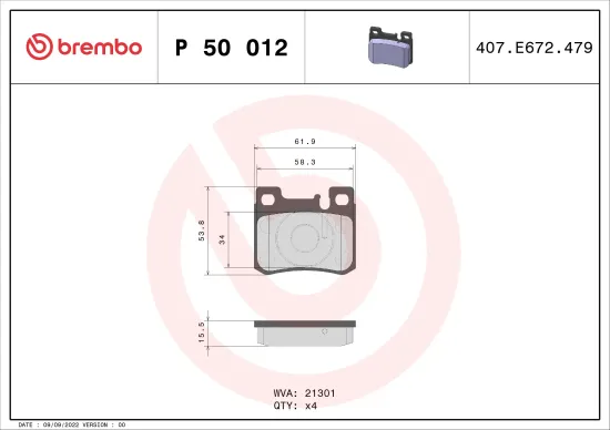 Bremsbelagsatz, Scheibenbremse Hinterachse BREMBO P 50 012 Bild Bremsbelagsatz, Scheibenbremse Hinterachse BREMBO P 50 012
