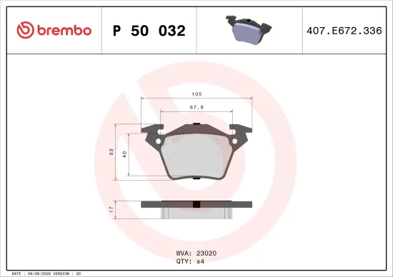 Bremsbelagsatz, Scheibenbremse Hinterachse BREMBO P 50 032 Bild Bremsbelagsatz, Scheibenbremse Hinterachse BREMBO P 50 032