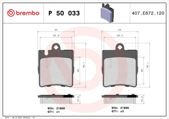 Bremsbelagsatz, Scheibenbremse Hinterachse BREMBO P 50 033 Bild Bremsbelagsatz, Scheibenbremse Hinterachse BREMBO P 50 033