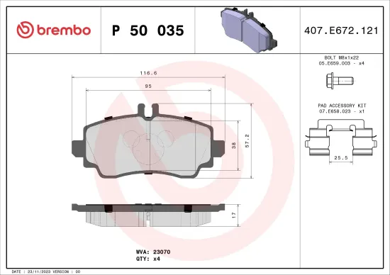 Bremsbelagsatz, Scheibenbremse Vorderachse BREMBO P 50 035 Bild Bremsbelagsatz, Scheibenbremse Vorderachse BREMBO P 50 035