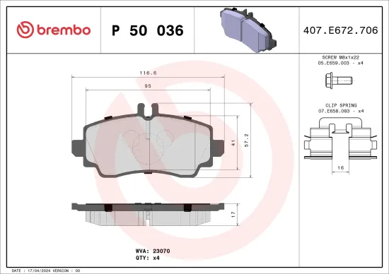 Bremsbelagsatz, Scheibenbremse Vorderachse BREMBO P 50 036 Bild Bremsbelagsatz, Scheibenbremse Vorderachse BREMBO P 50 036