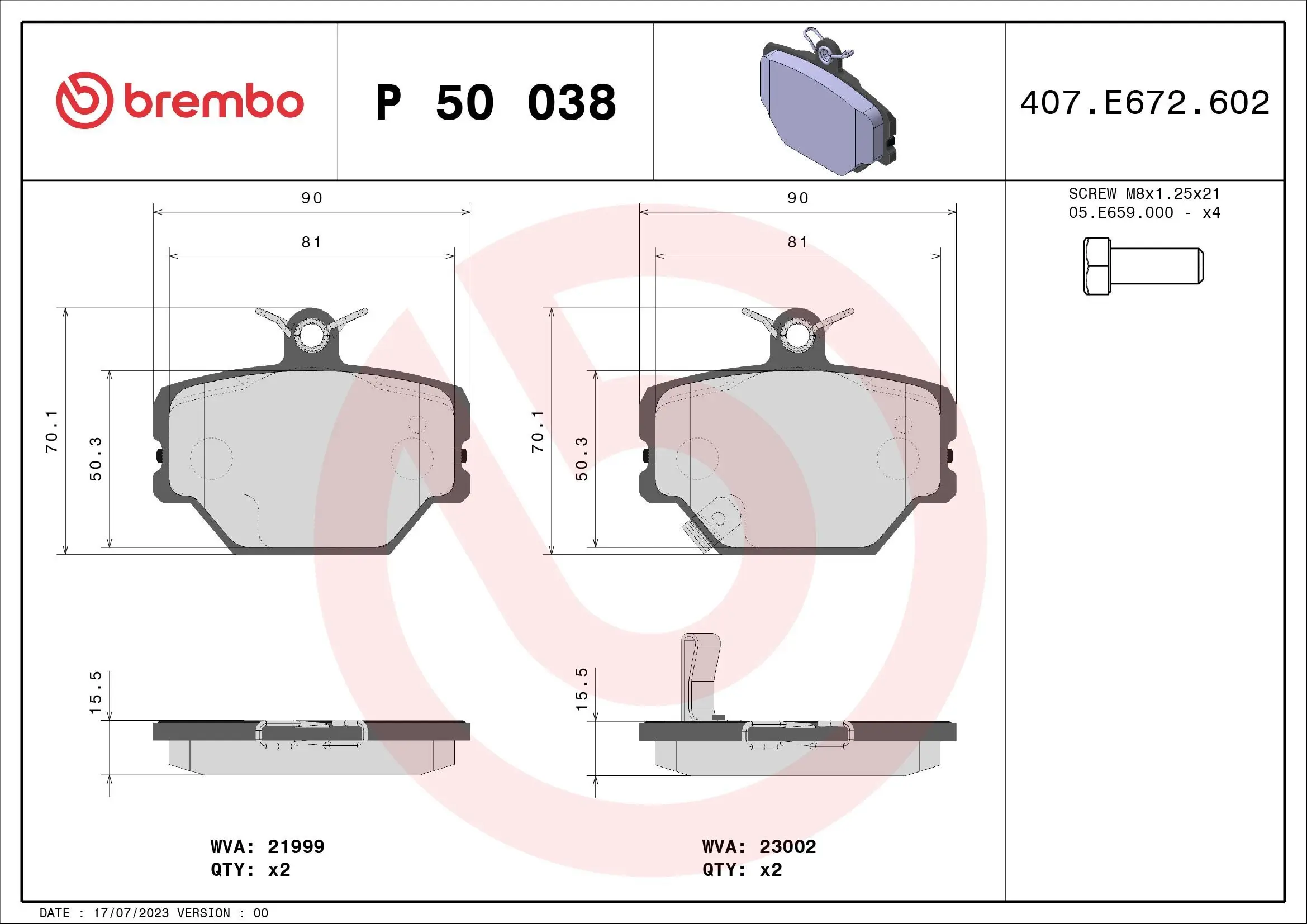 Bremsbelagsatz, Scheibenbremse BREMBO P 50 038