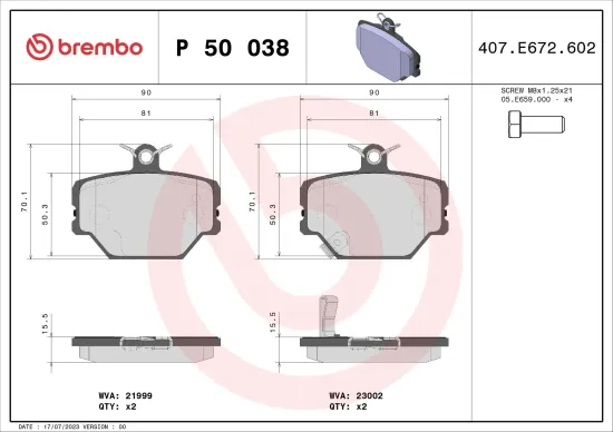 Bremsbelagsatz, Scheibenbremse BREMBO P 50 038 Bild Bremsbelagsatz, Scheibenbremse BREMBO P 50 038