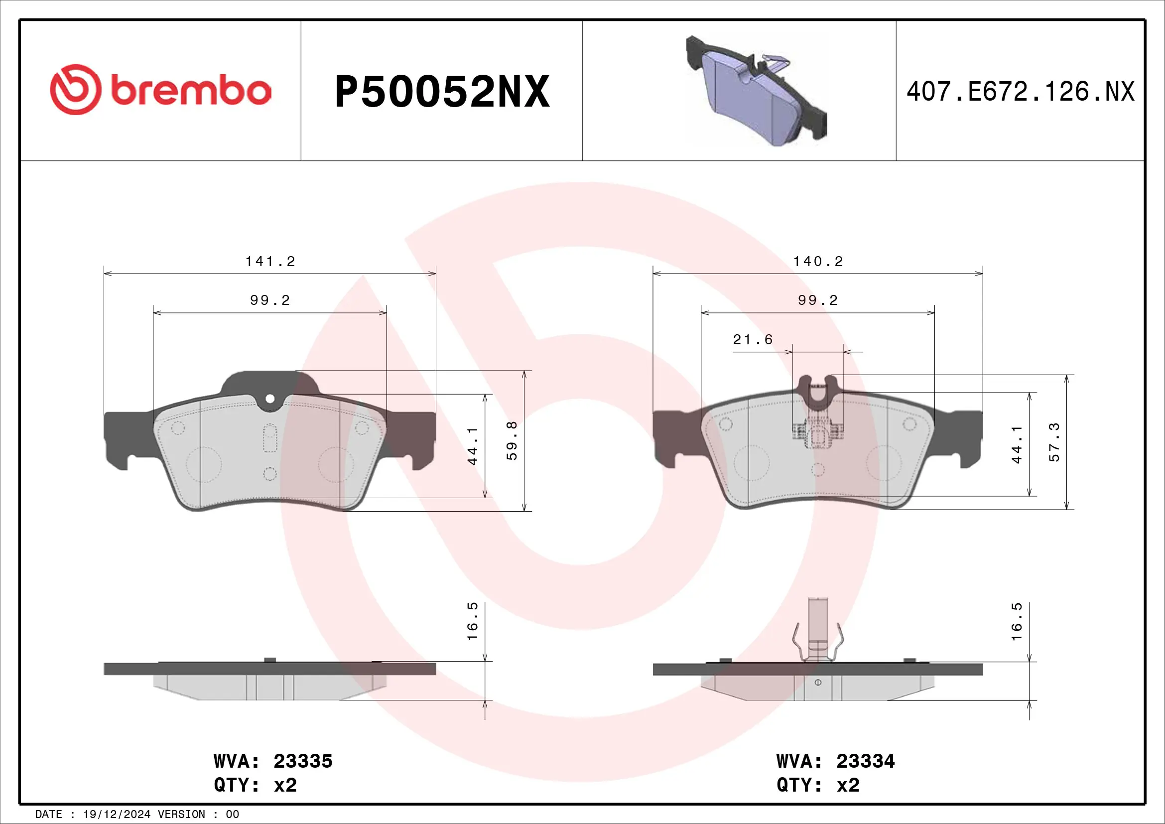 Bremsbelagsatz, Scheibenbremse BREMBO P50052NX