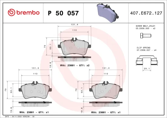 Bremsbelagsatz, Scheibenbremse Vorderachse BREMBO P 50 057 Bild Bremsbelagsatz, Scheibenbremse Vorderachse BREMBO P 50 057
