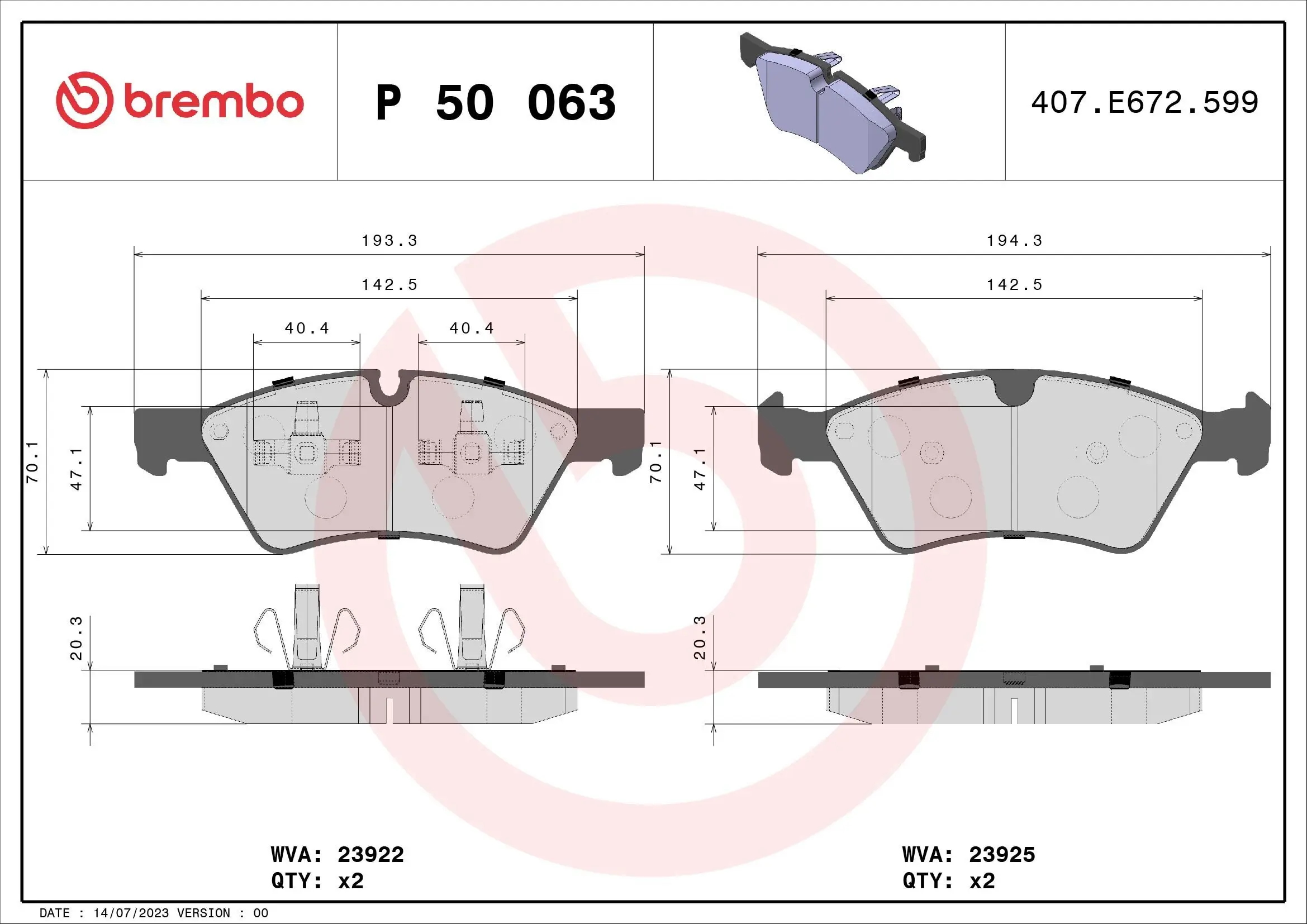 Bremsbelagsatz, Scheibenbremse Vorderachse BREMBO P 50 063