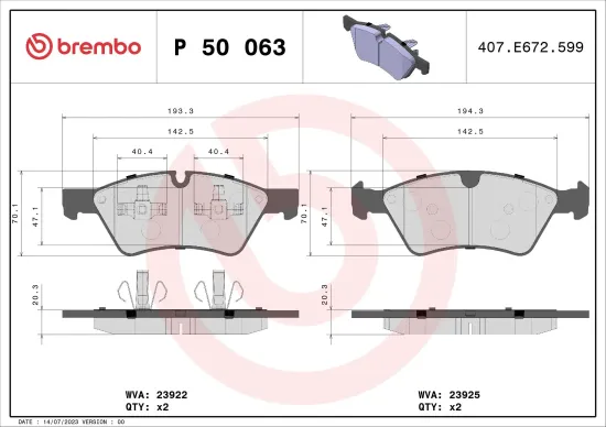 Bremsbelagsatz, Scheibenbremse Vorderachse BREMBO P 50 063 Bild Bremsbelagsatz, Scheibenbremse Vorderachse BREMBO P 50 063