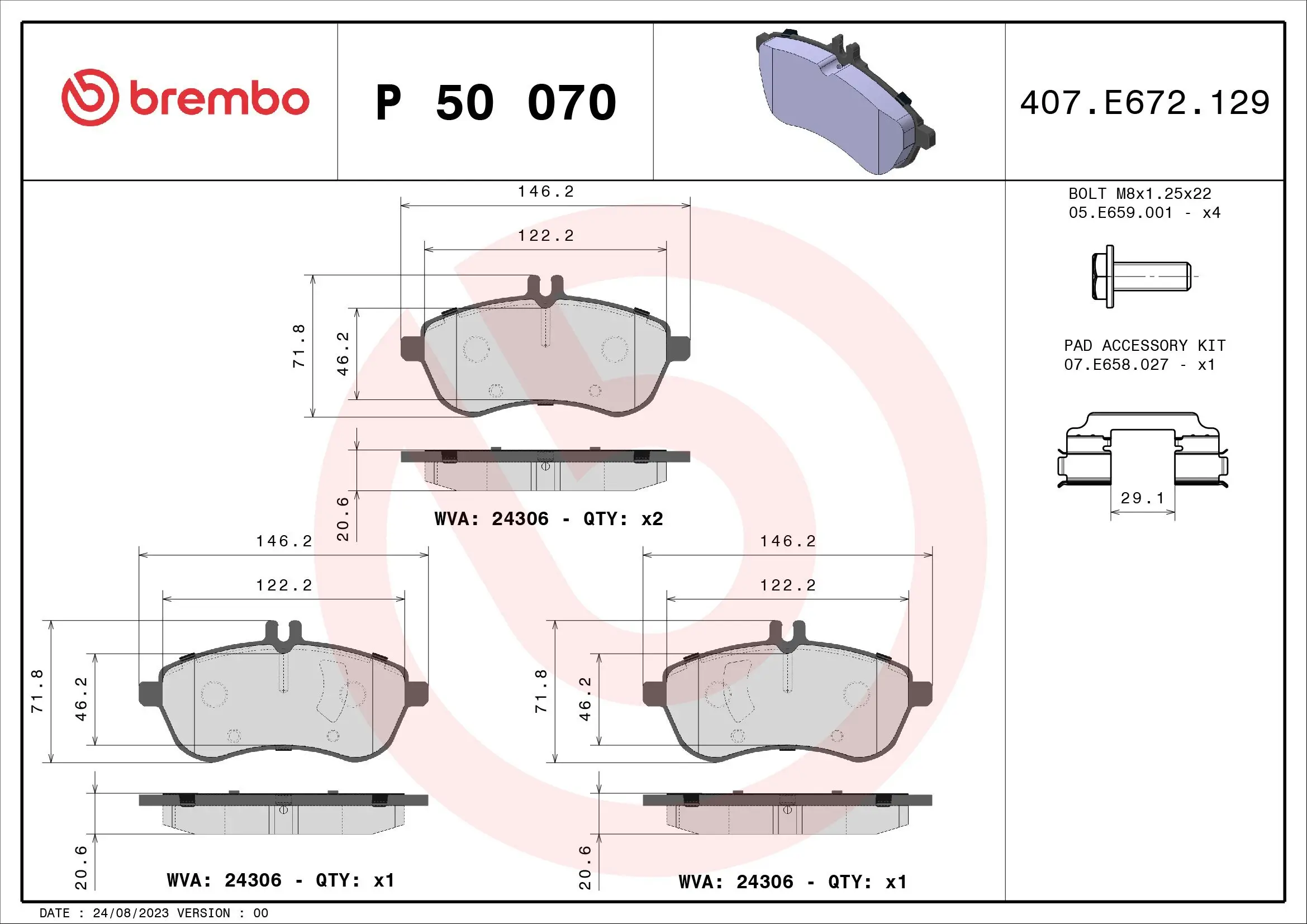 Bremsbelagsatz, Scheibenbremse Vorderachse BREMBO P 50 070