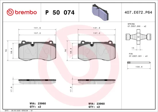 Bremsbelagsatz, Scheibenbremse Vorderachse BREMBO P 50 074 Bild Bremsbelagsatz, Scheibenbremse Vorderachse BREMBO P 50 074