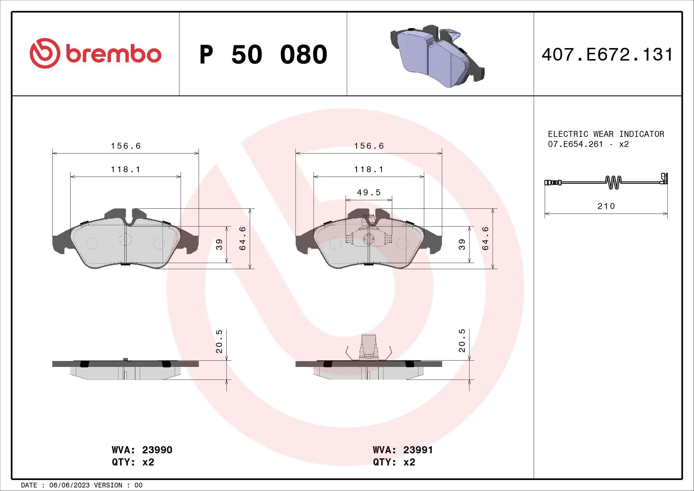 Bremsbelagsatz, Scheibenbremse Vorderachse BREMBO P 50 080