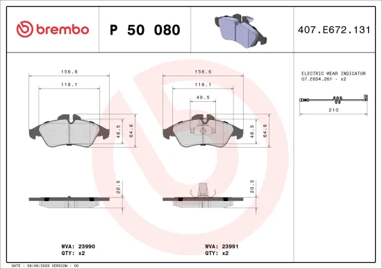 Bremsbelagsatz, Scheibenbremse Vorderachse BREMBO P 50 080 Bild Bremsbelagsatz, Scheibenbremse Vorderachse BREMBO P 50 080