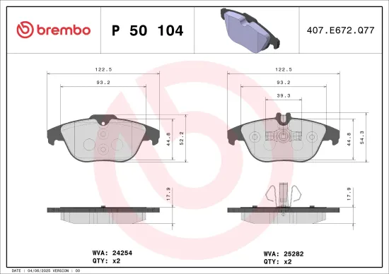 Bremsbelagsatz, Scheibenbremse Hinterachse BREMBO P 50 104 Bild Bremsbelagsatz, Scheibenbremse Hinterachse BREMBO P 50 104