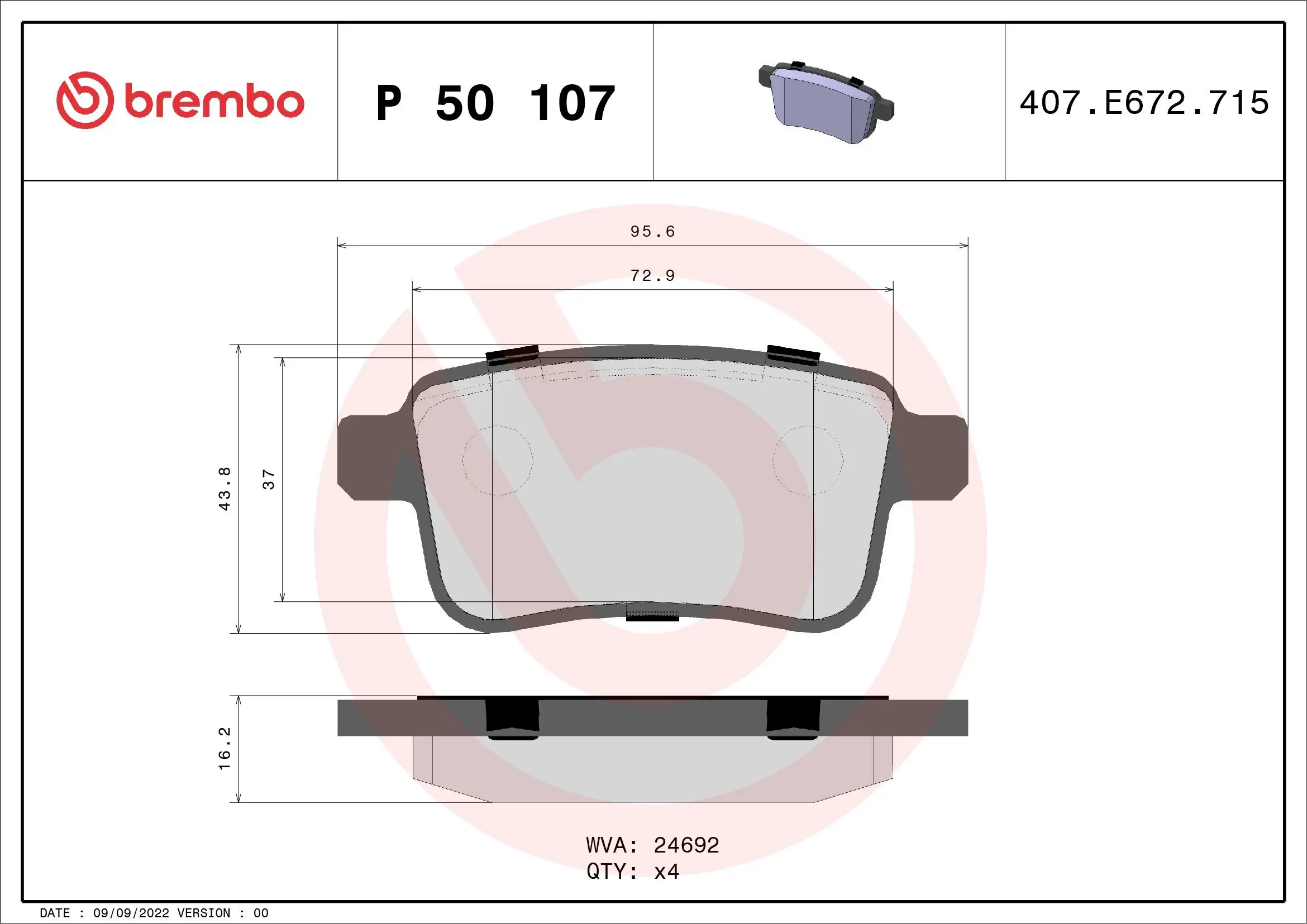 Bremsbelagsatz, Scheibenbremse Hinterachse BREMBO P 50 107