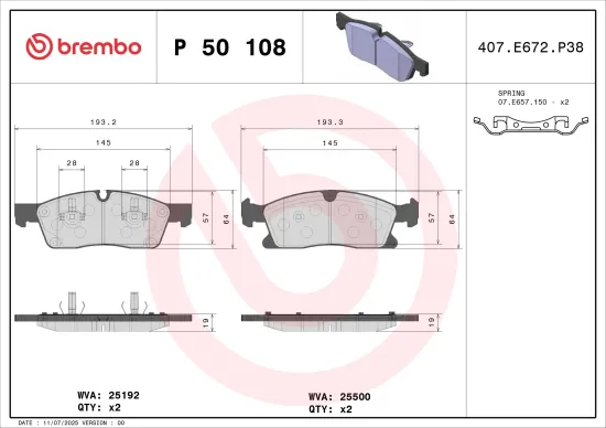 Bremsbelagsatz, Scheibenbremse Vorderachse BREMBO P 50 108 Bild Bremsbelagsatz, Scheibenbremse Vorderachse BREMBO P 50 108