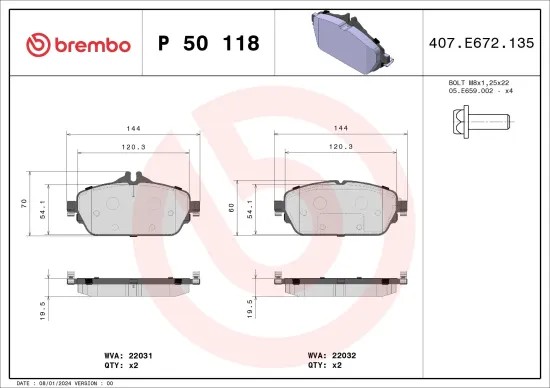 Bremsbelagsatz, Scheibenbremse Vorderachse BREMBO P 50 118 Bild Bremsbelagsatz, Scheibenbremse Vorderachse BREMBO P 50 118