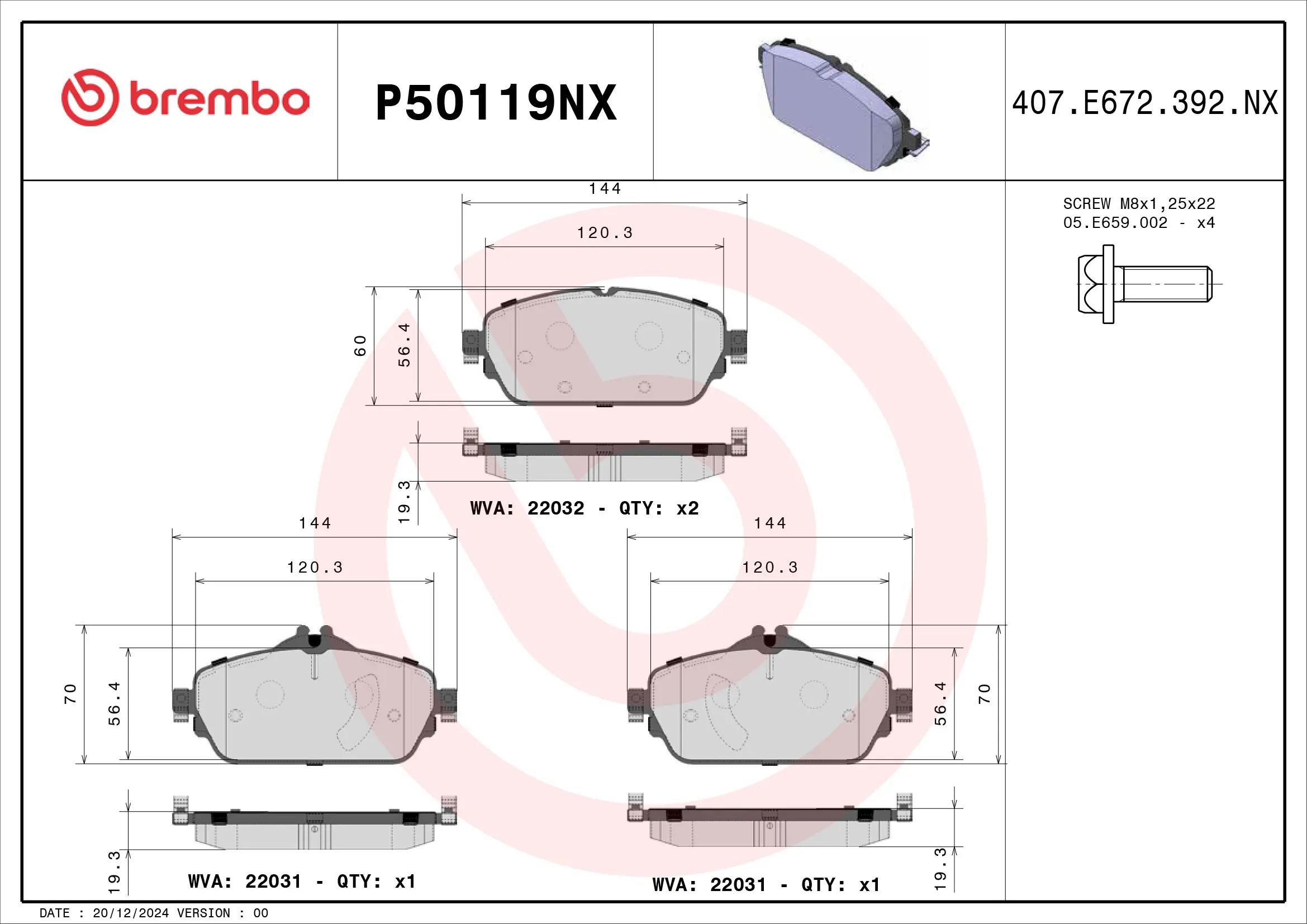 Bremsbelagsatz, Scheibenbremse Vorderachse BREMBO P50119NX